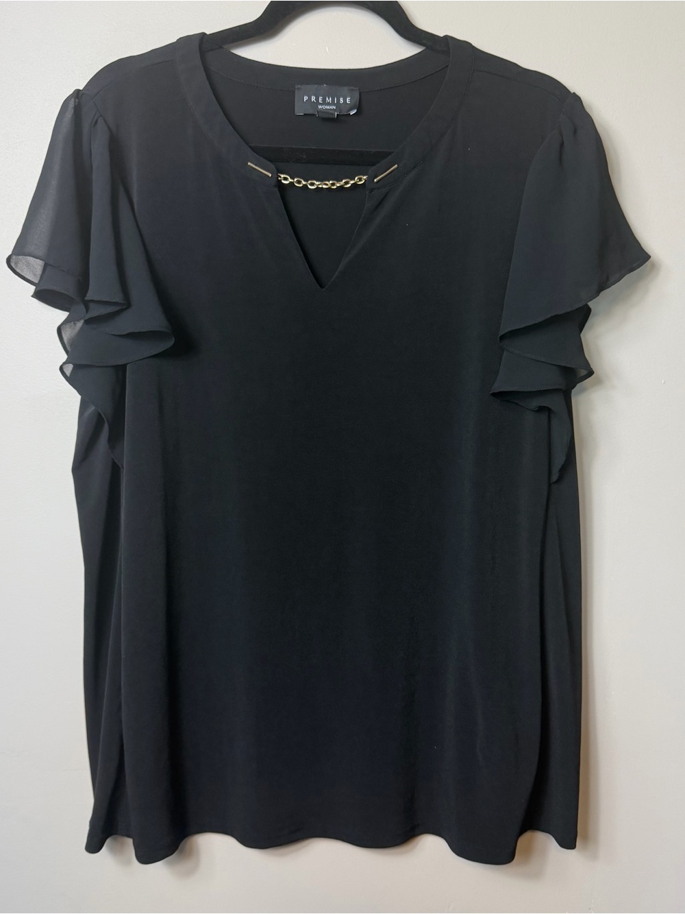 Premise Black Flutter-Sleeve Blouse with Gold Chain Accent